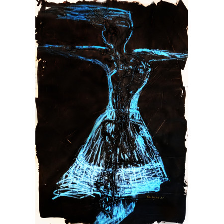 В голубом. Авторская картина в абстрактном стиле на холсте для интерьера в темных тонах
